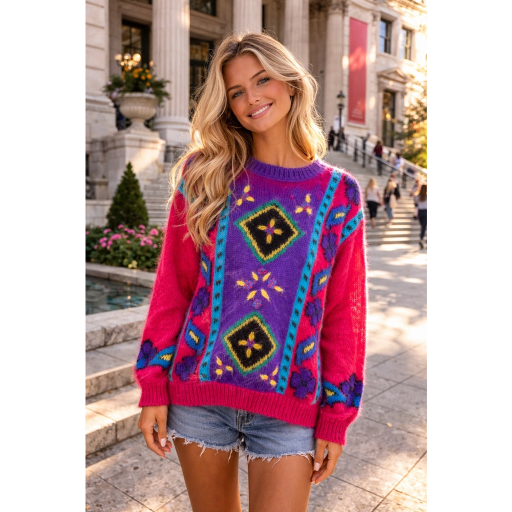 Vintage Lauren Cole Petites Mohair Sweater Bright Spring Geometric Cozy Knit Y2K